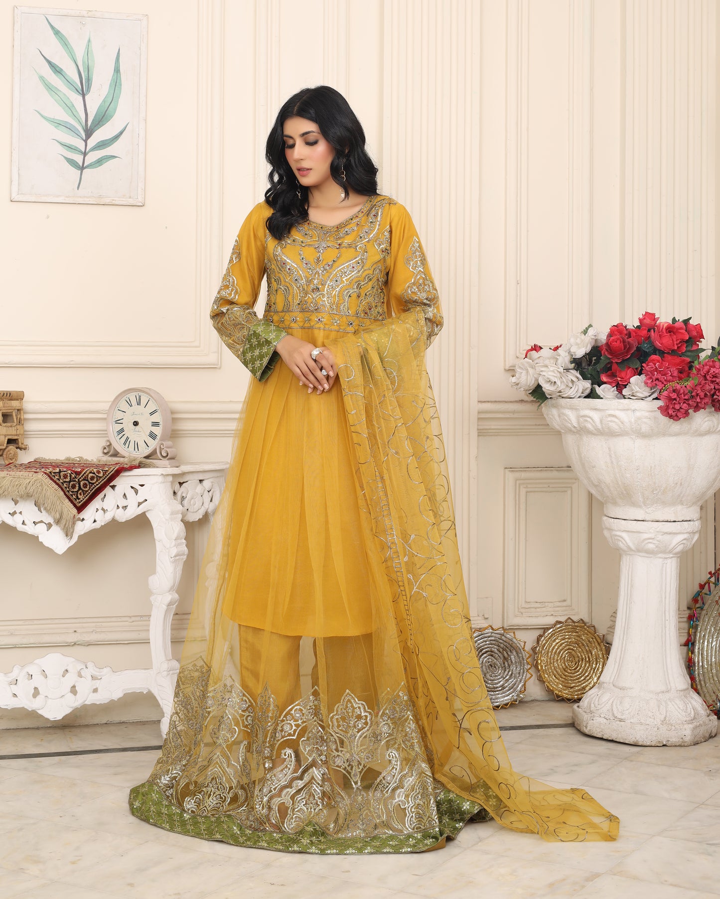 GOLDEN MAJESTY - 3 PIECE EMBRIODERED NET